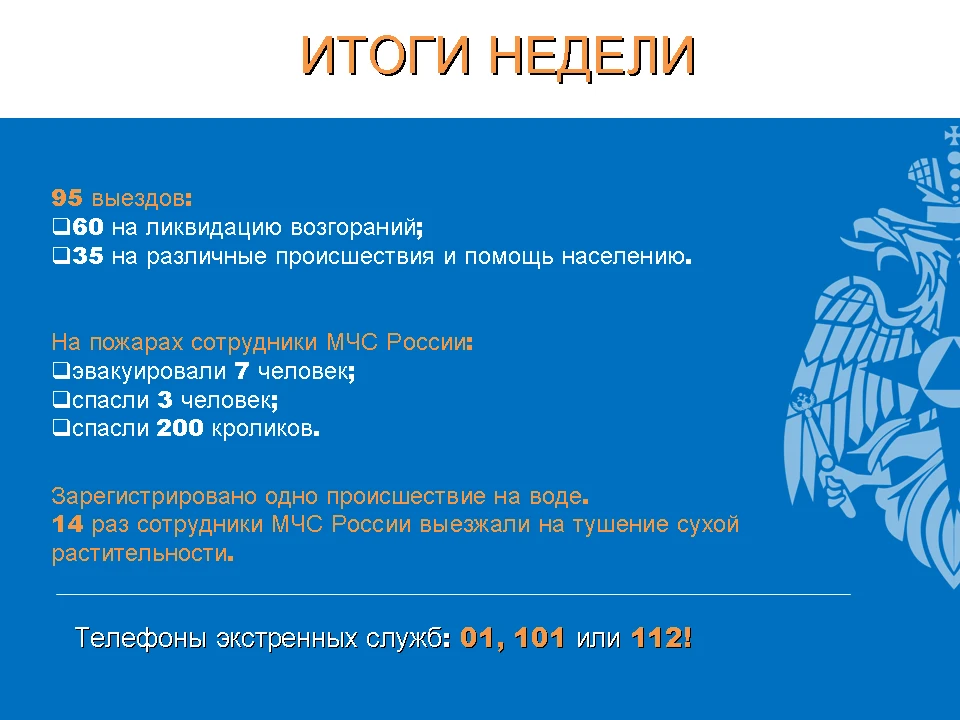 Итоги недели. За прошедшую неделю сотрудники МЧС России Орловской области выезжали 95 раз: 60 выездов на ликвидацию возгораний;